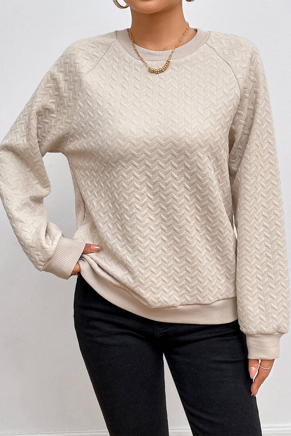 Lovesoft - Solid Textured Raglan Sleeve Pullover Sweatshirt