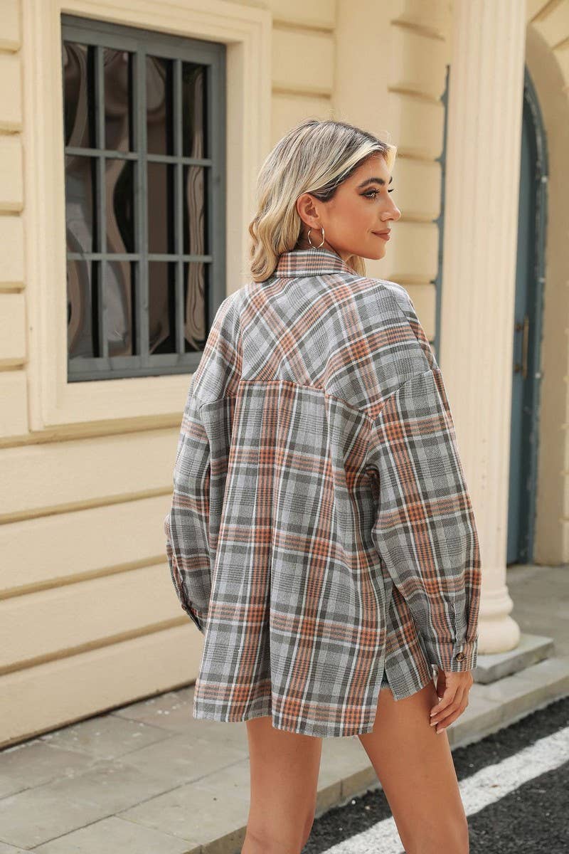 NINEXIS - CWTSTL1700_COLLAR POCKET PLAID LOOSE LONG SLEEVE SHIRT
