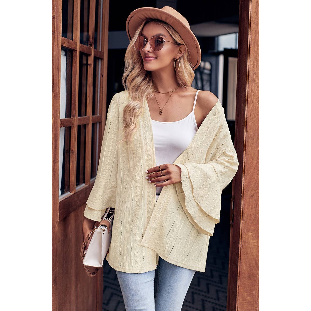 Supreme Fashion - Hollow Out Solid Sleeve Hem Ruffle Cardigan