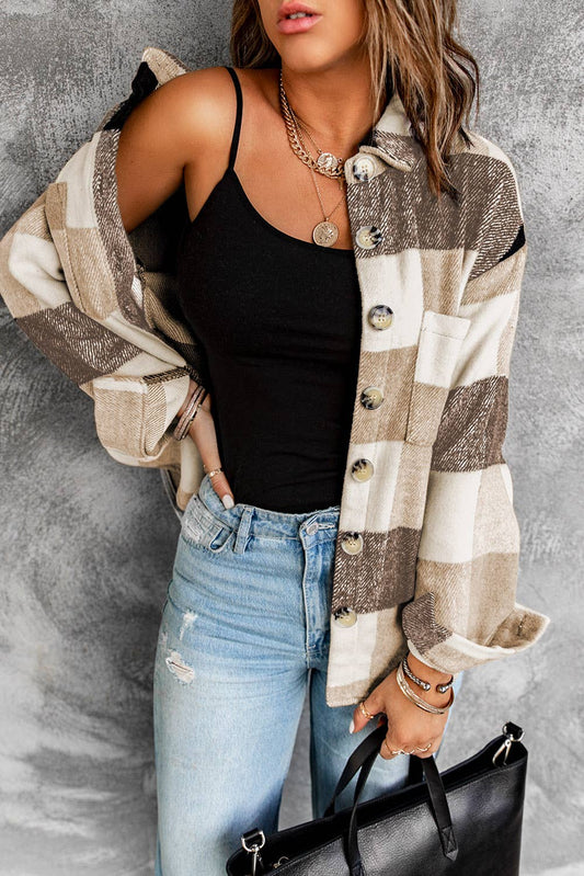 Lovesoft - Plaid Color Block Buttoned Long Sleeve Jacket with Pocket