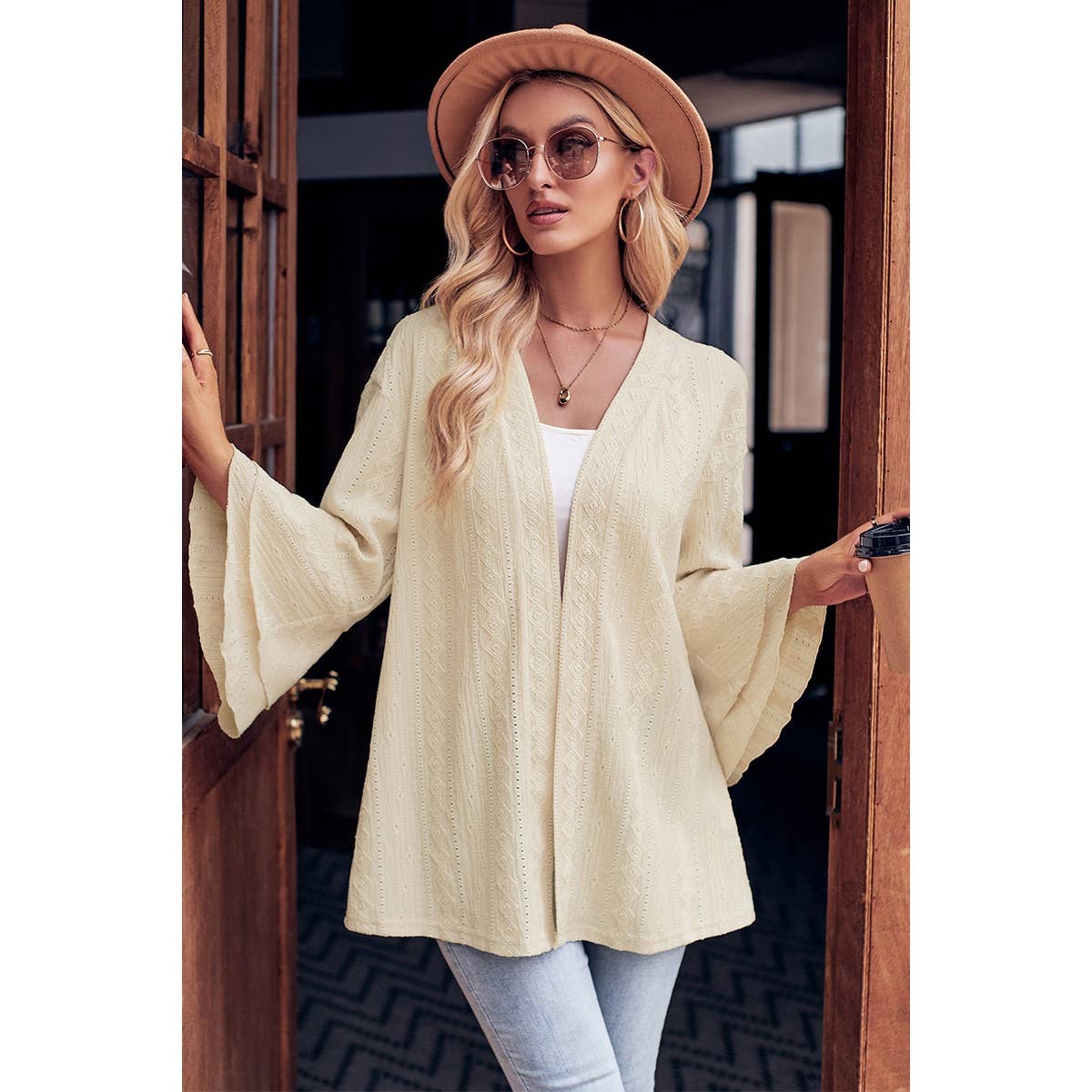 Supreme Fashion - Hollow Out Solid Sleeve Hem Ruffle Cardigan