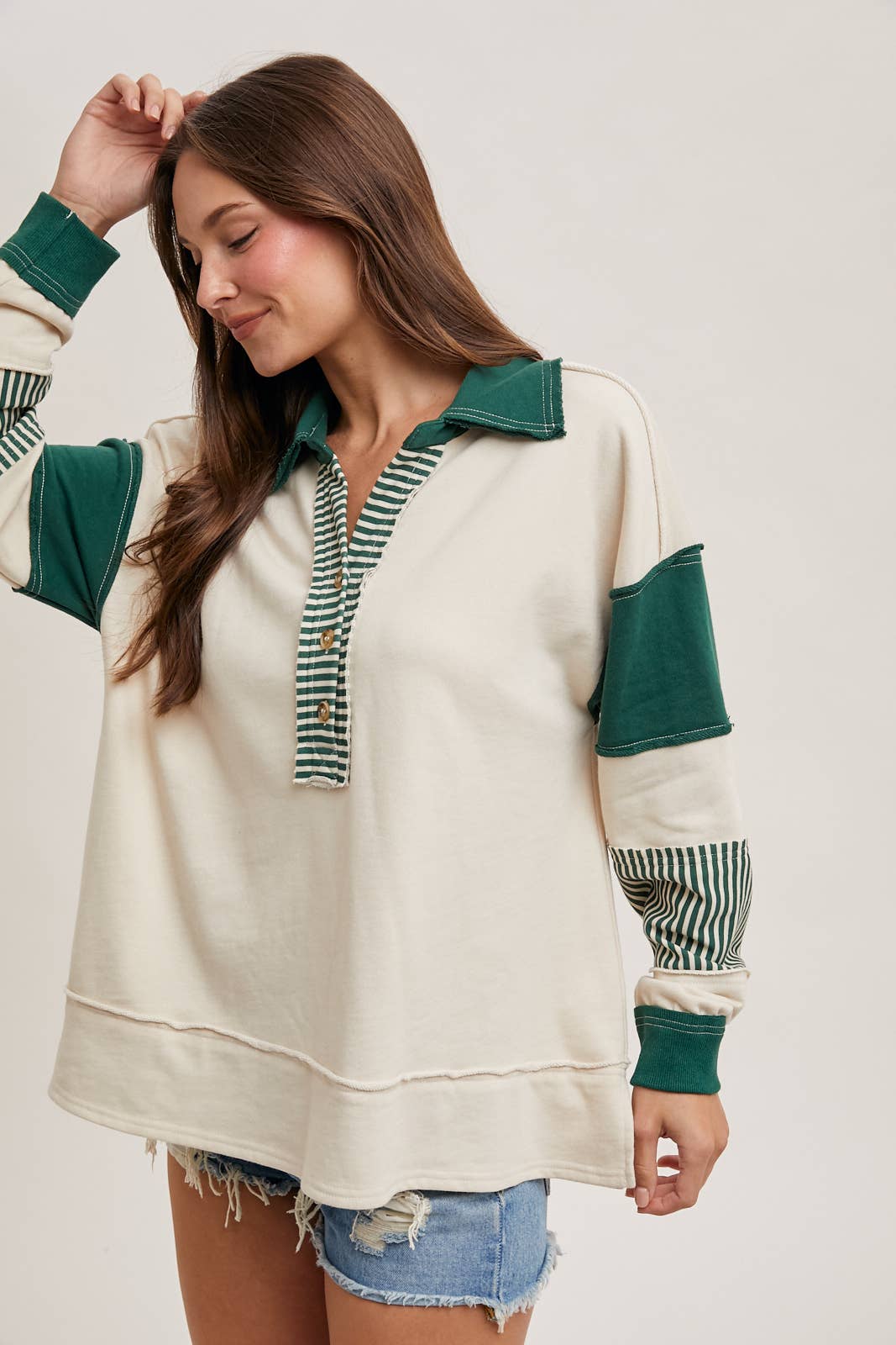 Bluivy - COLOR BLOCK CONTRAST HALF-BUTTON COLLAR KNIT TOP