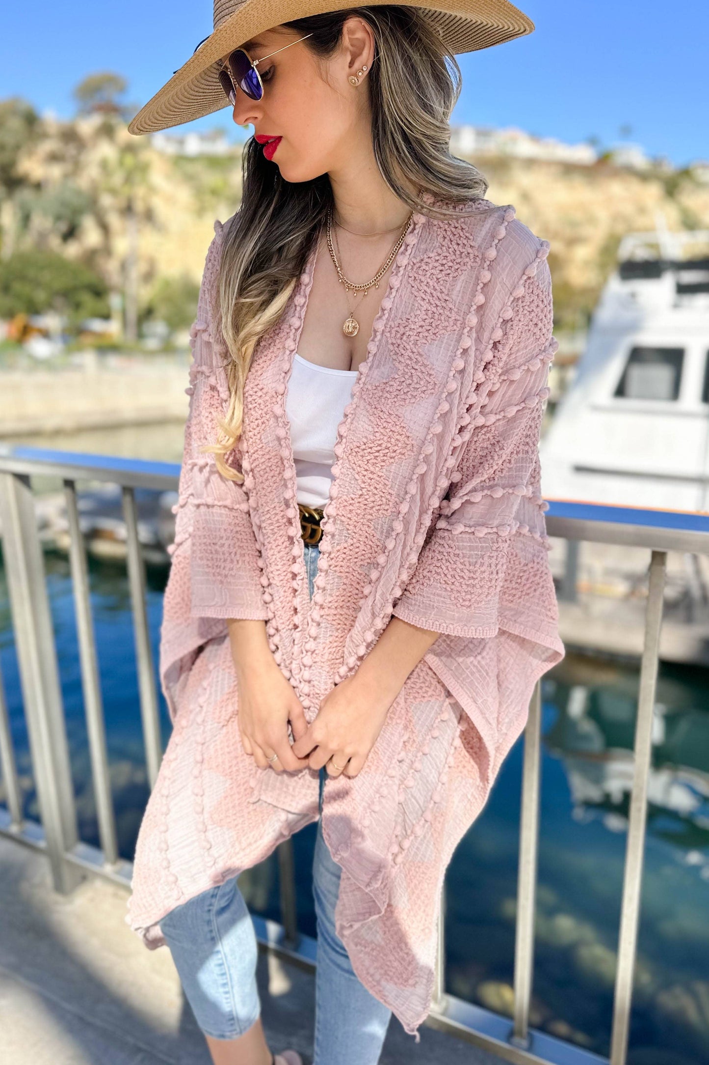 AMOLI - Rose 3D Textured Open Front Soft Kimono Cardigan