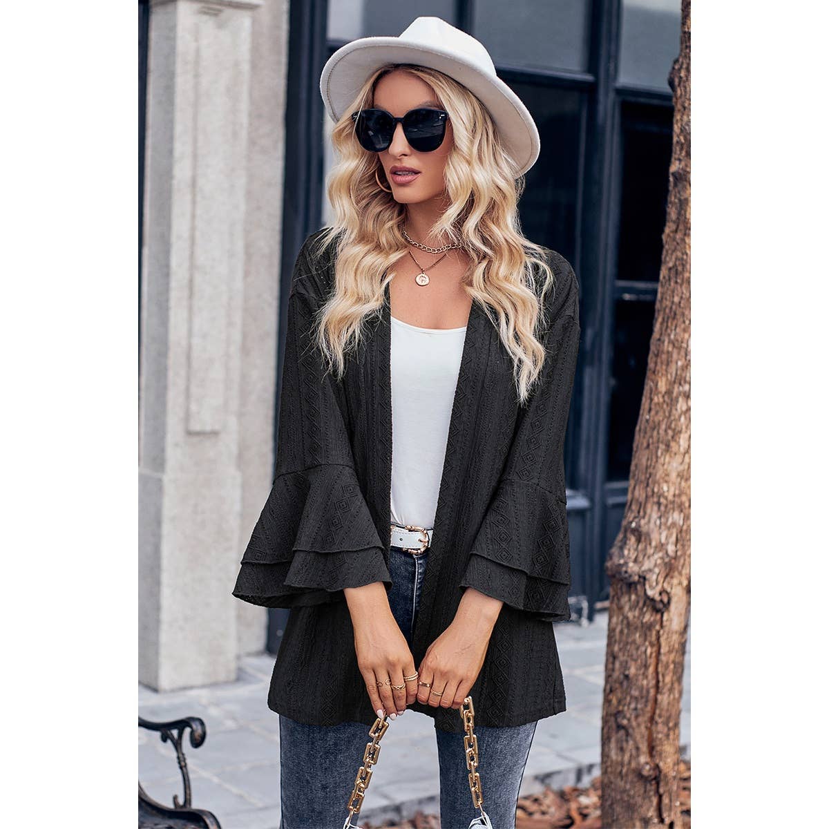 Supreme Fashion - Hollow Out Solid Sleeve Hem Ruffle Cardigan