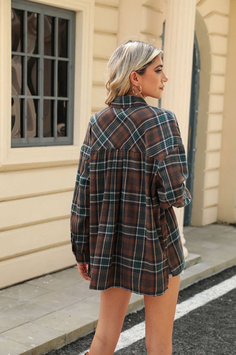 NINEXIS - CWTSTL1700_COLLAR POCKET PLAID LOOSE LONG SLEEVE SHIRT