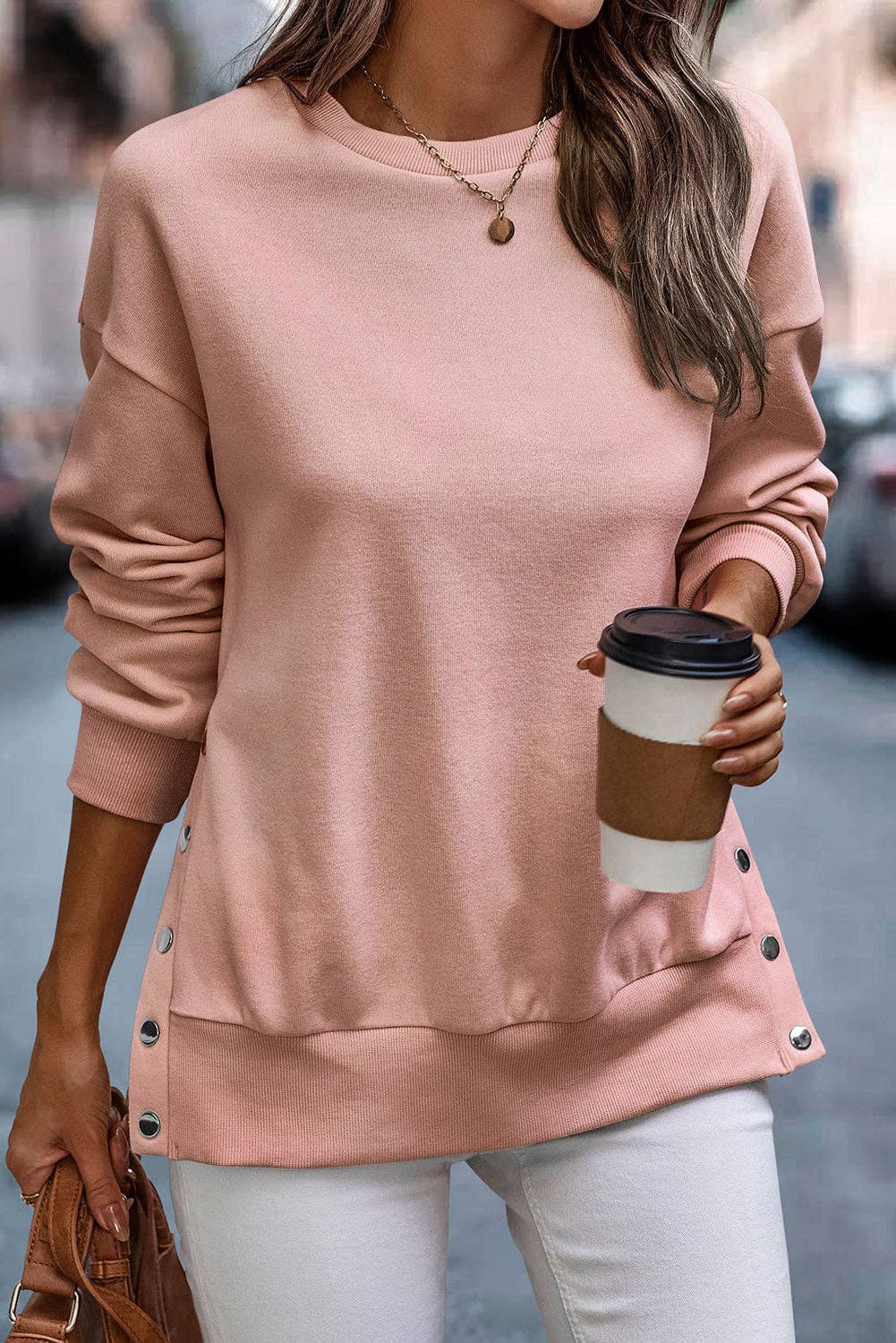 Lovesoft - Snap Buttons Side Splits Pullover Sweatshirt