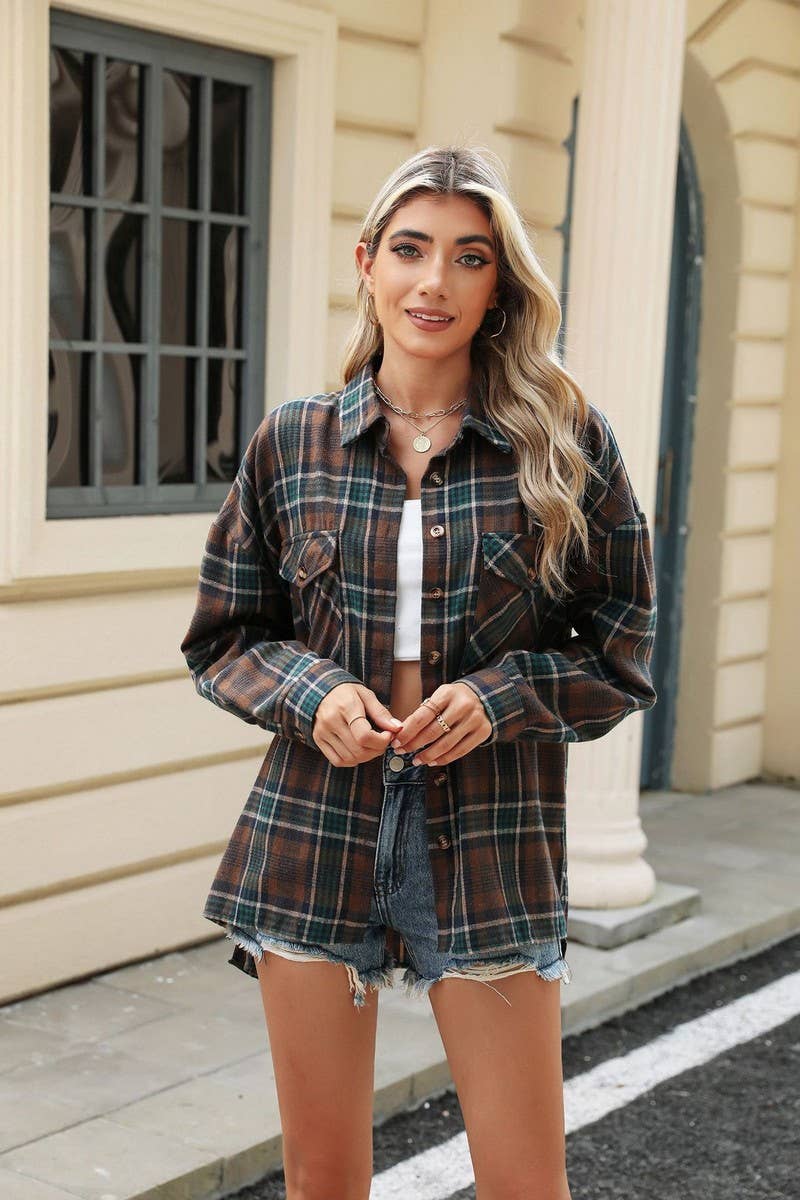 NINEXIS - CWTSTL1700_COLLAR POCKET PLAID LOOSE LONG SLEEVE SHIRT