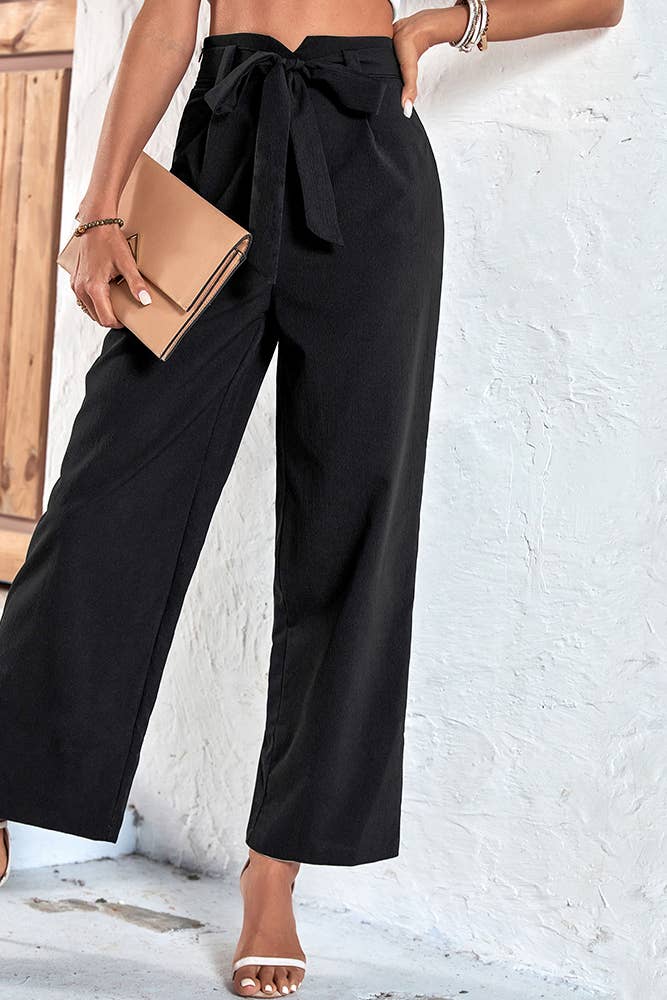 UNISHE - Black Wide Leg Pants With Belt BFZY387