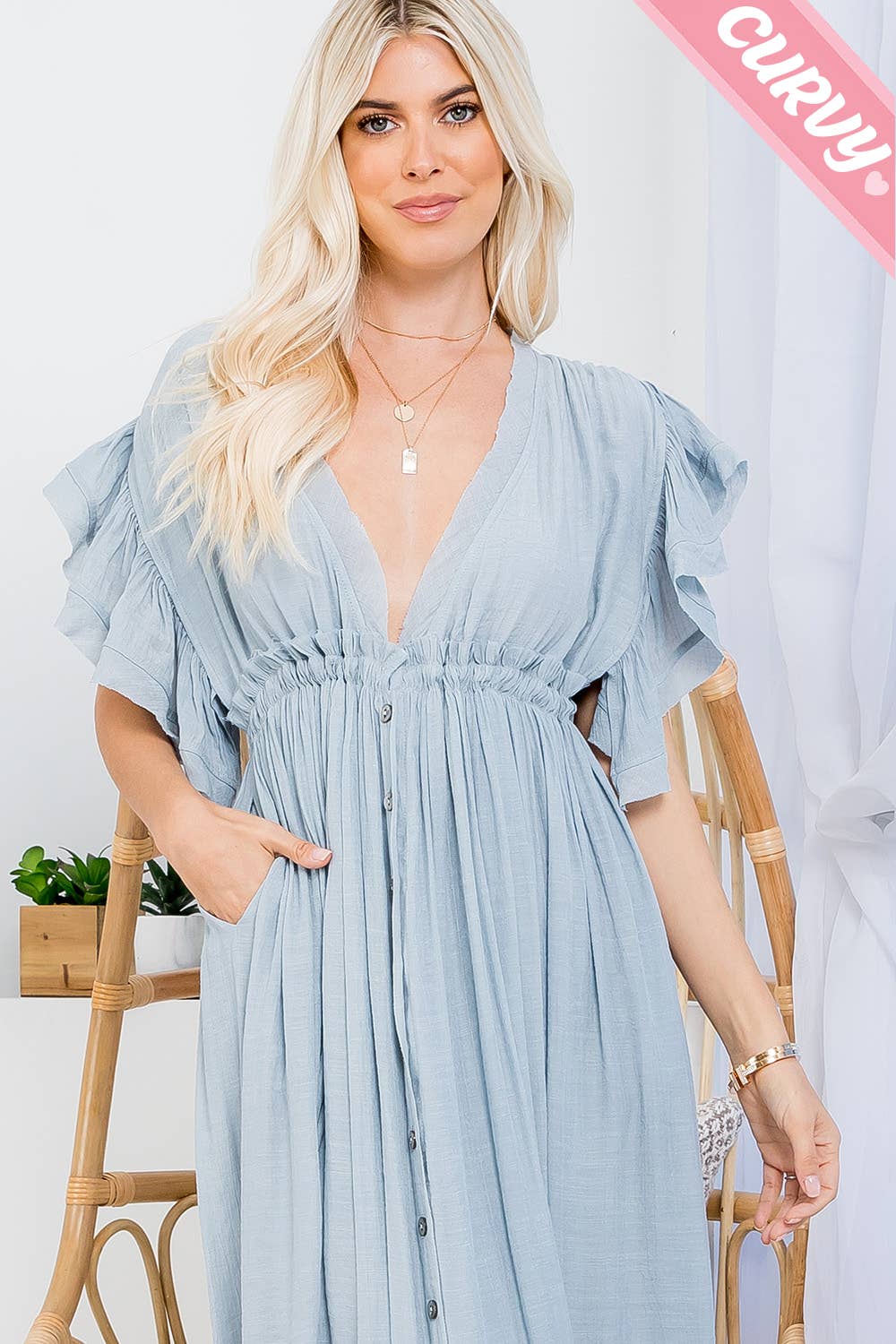 Sweet Lovely by Jen - DEEP V NECKLINE BUTTONDOWN FLOWY MAXI DRESS PLUS SIZE