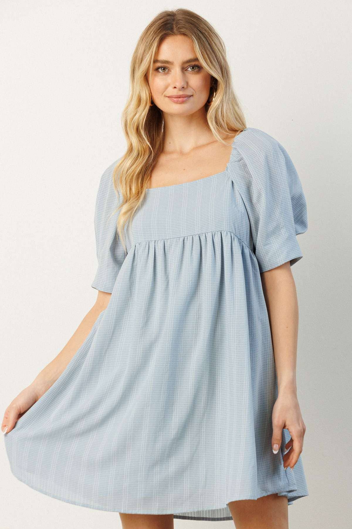 mittoshop - J42623-SQUARE NECK PUFF SLEEVE BABYDOLL DRESS