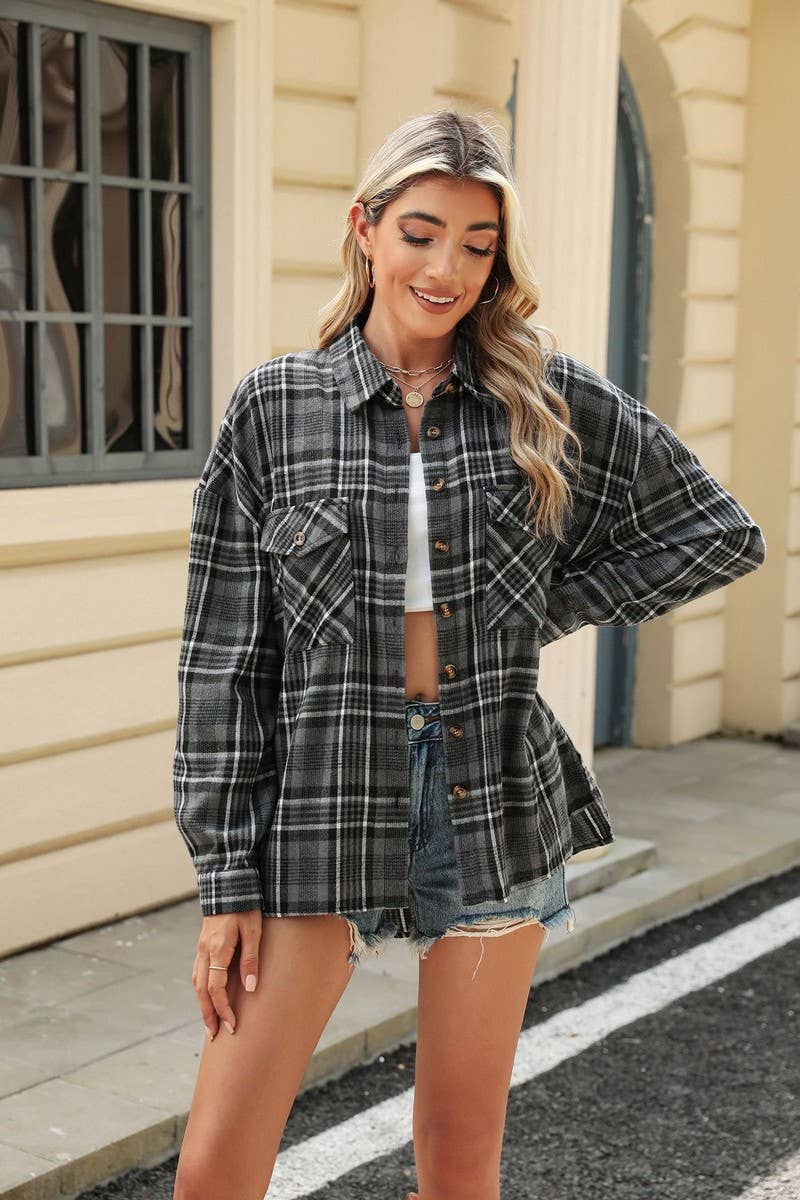 NINEXIS - CWTSTL1700_COLLAR POCKET PLAID LOOSE LONG SLEEVE SHIRT