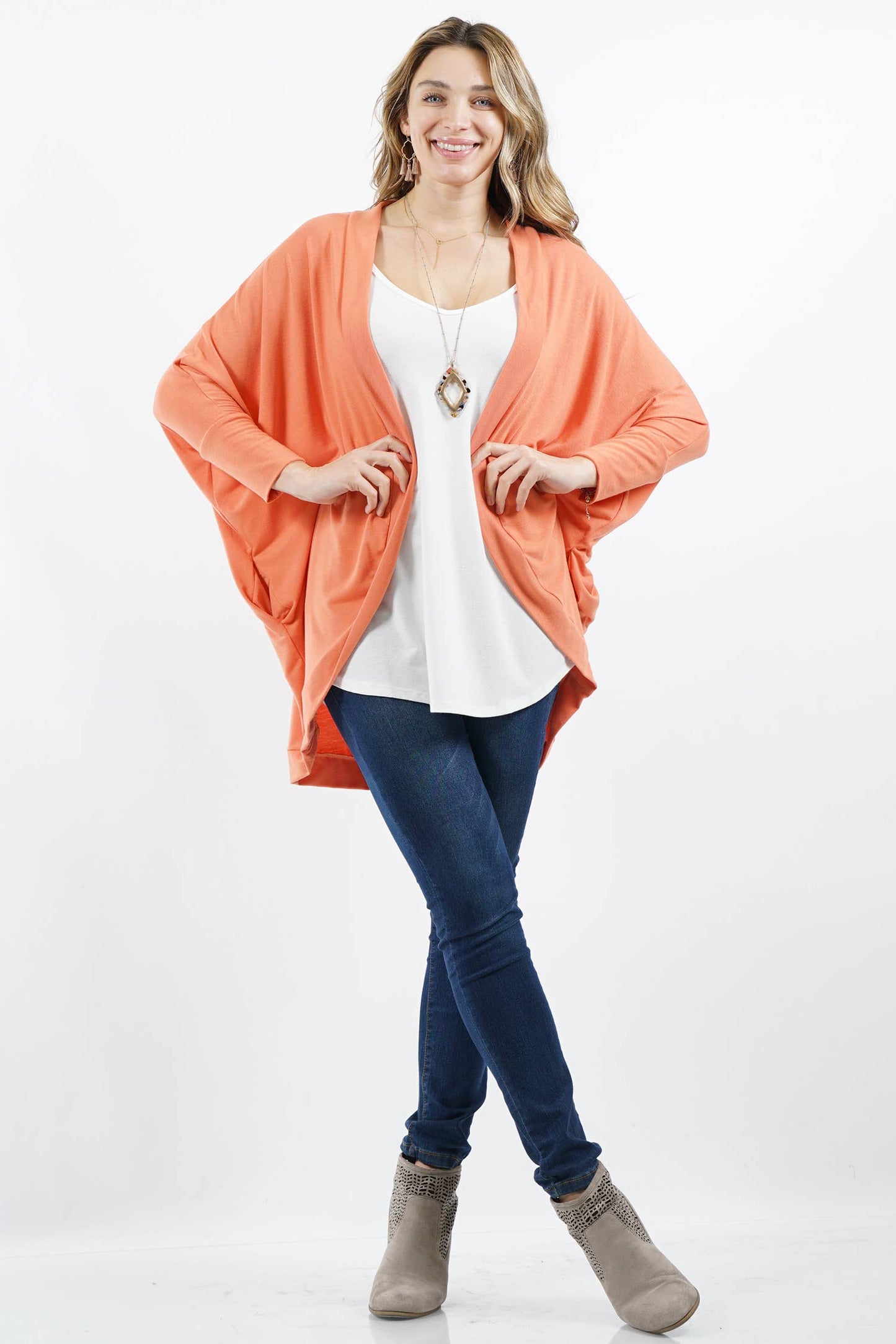 42POPS - ,, SI-13616 PLUS SIZE PREMIUM FABRIC 3/4 SLEEVE COCOON WRA