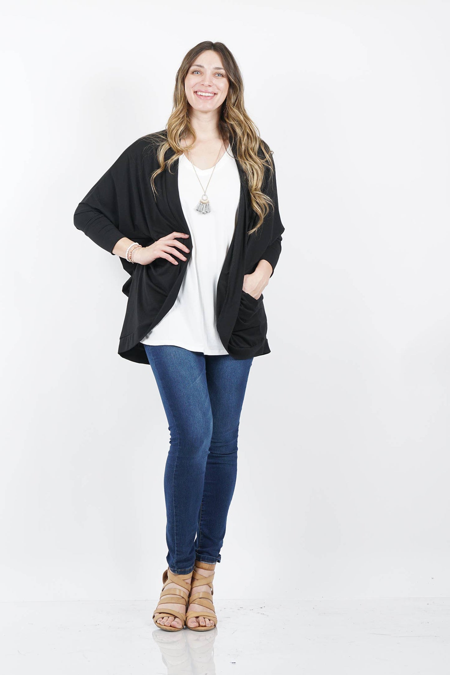 42POPS - ,, SI-13616 PLUS SIZE PREMIUM FABRIC 3/4 SLEEVE COCOON WRA