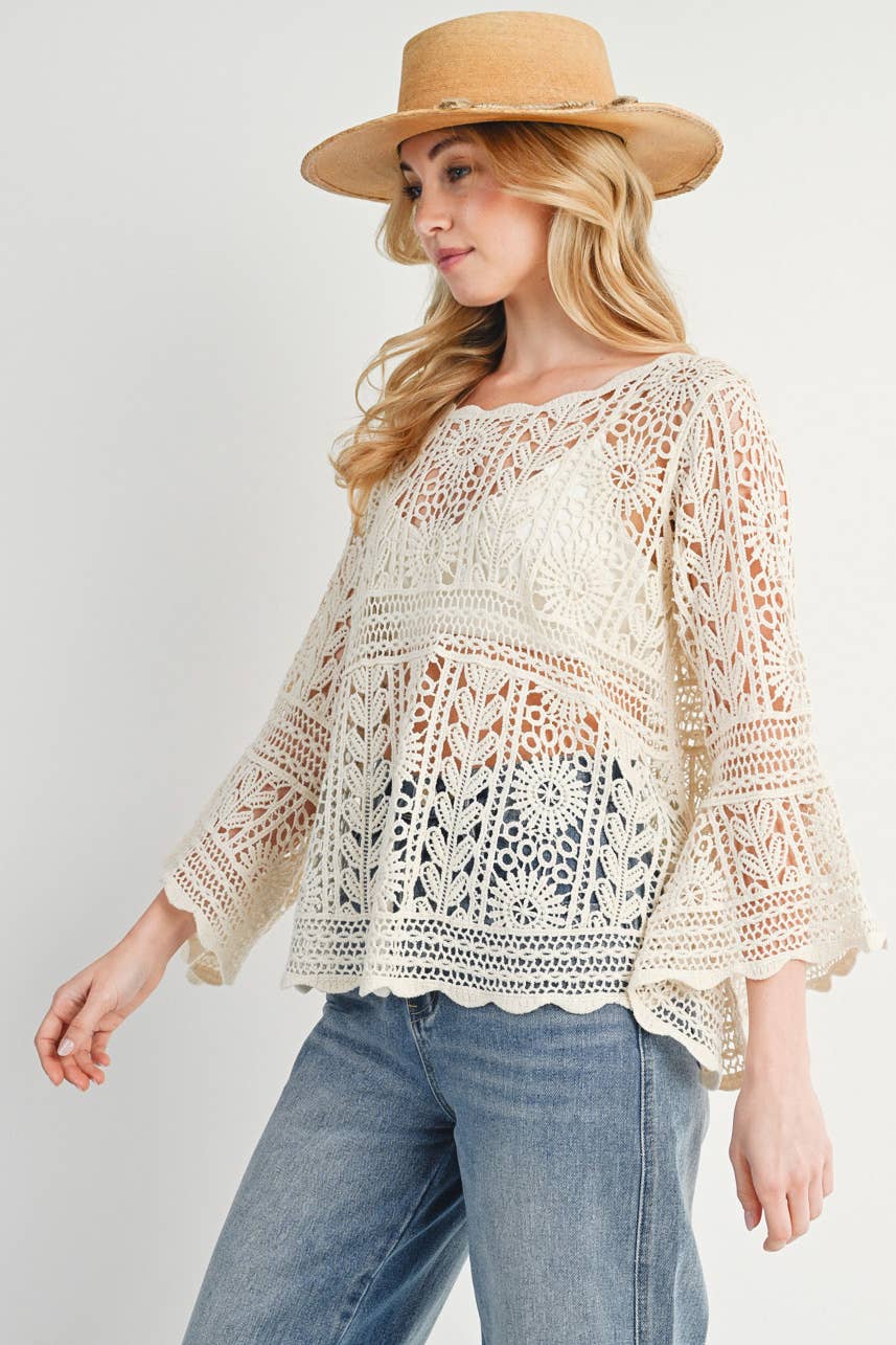 Bluivy - CROCHET SHEER BELL-SLEEVE PULLOVER TOP