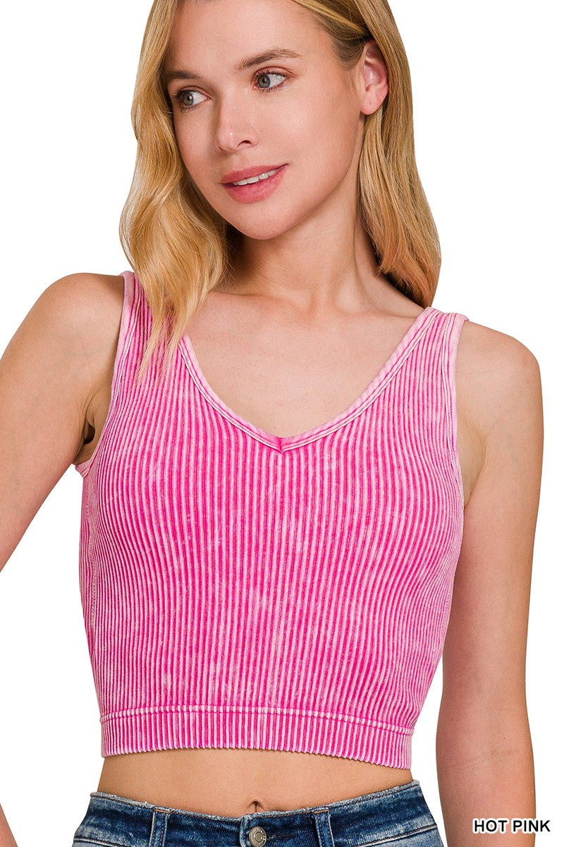Zenana WASHED RIBBED CROPPED BRA PADDED V-NECK TANK TOP
